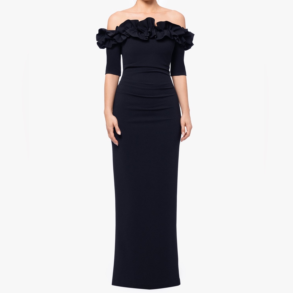 Xscape “Isla” Long Crepe Off The Shoulder Ruffle Dress Black Women’s Sz 16